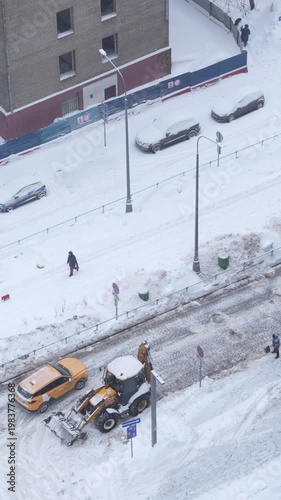 winter city snow removal street tractor plowing urban cleanup road maintenance cars people