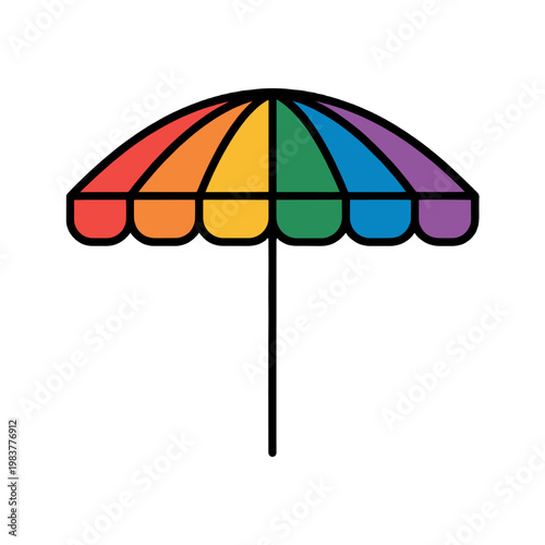 A vibrant rainbow beach umbrella illustration.