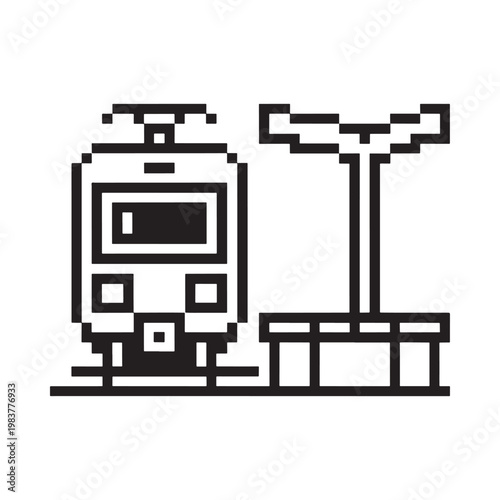 Pixel art illustration of a train approaching a station platform