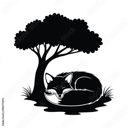 Peaceful sleeping fox curled under a tree in nature silhouette graphic