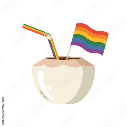 A refreshing coconut drink with a rainbow straw and flag, symbolizing LGBTQ+ pride.