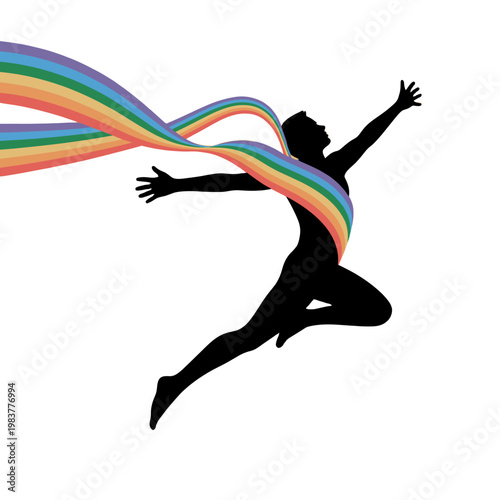 Embracing colors with a silhouette of a person soaring with rainbow ribbons.