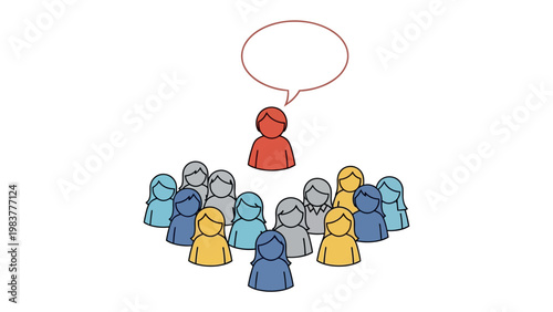 Leadership Dialogue: A leader, distinguished by color, addresses a focused group, a speech bubble hovering above them symbolizing their words and ideas, facilitating a clear channel of communication.