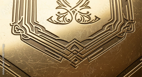 Close up embossed gold decorative metal pattern.