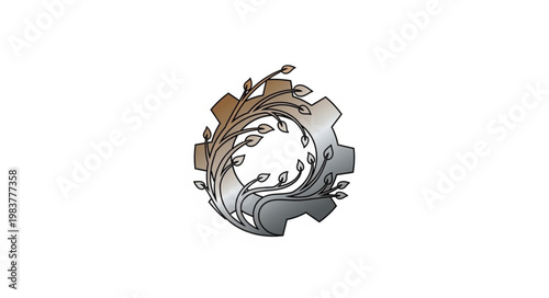 Circular sustainability emblem with gear and leaves.
