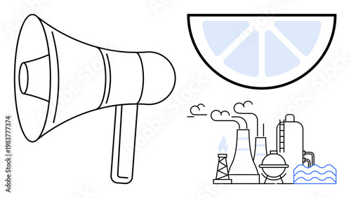 Environmental awareness, industrial pollution, sustainability, communication, food industries, advocacy. Black and white outlines of a megaphone, lemon slice and industrial plant. Environmental