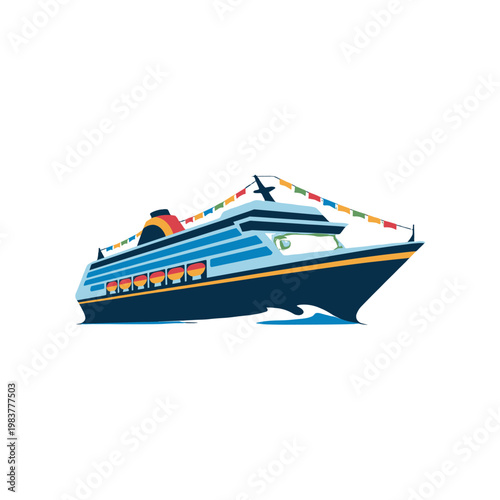 A cruise ship sailing on the ocean with colorful flags.