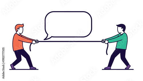 Tug-of-War Communication: Illustrative image capturing the essence of a dialogue. Two individuals are engaged in a tense tug-of-war, with a thought bubble hovering above.