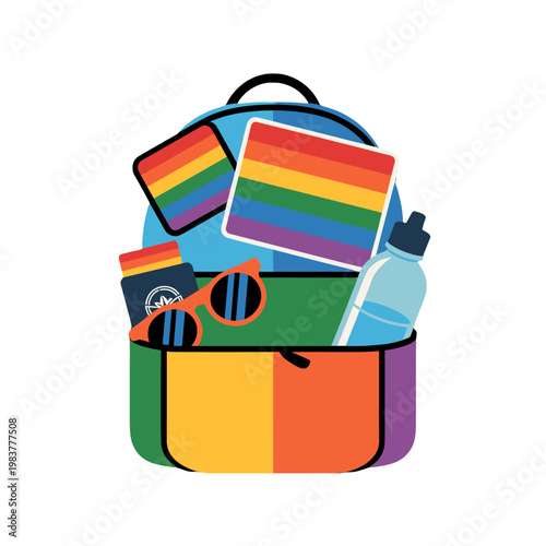 A colorful backpack with accessories and LGBT pride flag.