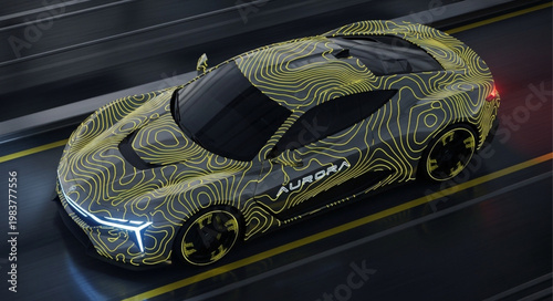 Camouflaged prototype sports coupe undergoing night test drive.