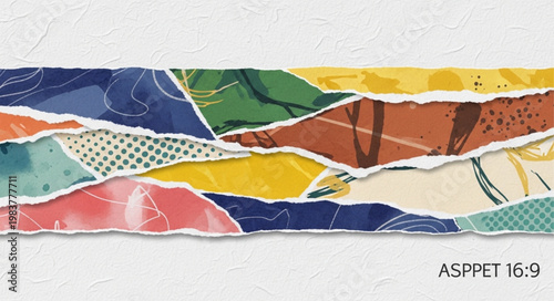 Colorful Torn Paper Collage Strips Abstract Art Composition.