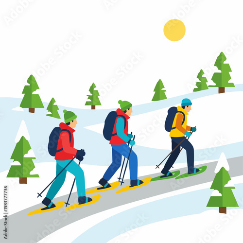 Three friends on a winter snowshoeing adventure up a snowy hill.