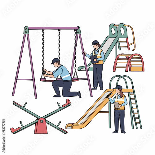 Playground inspectors checking safety of equipment.