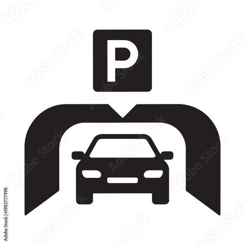 Parking garage icon featuring a car entering a covered space