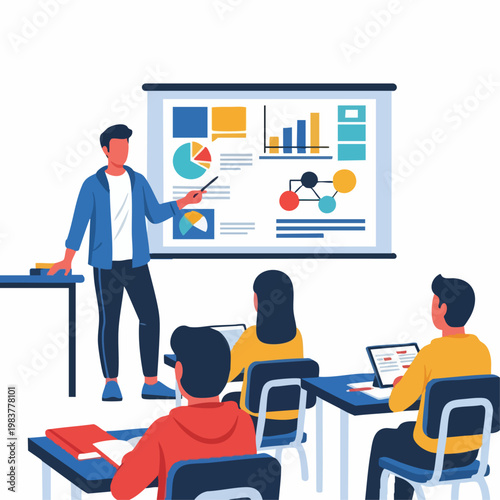 Instructor Explaining Data Charts to Students in a Classroom Setting.