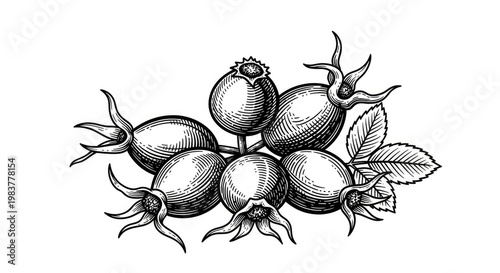 Engraved style drawing of rose hips with leaves vintage botanical illustration of autumn fruit for design element; black and white