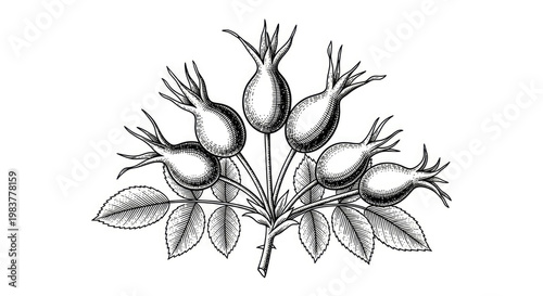 Rose hips illustration with leaves in vintage botanical engraving style detailed line art drawing of rosehip plant monochrome black and white design