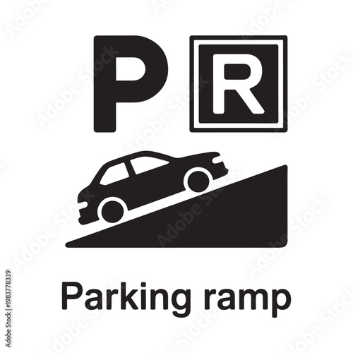 Parking sign depicting a car on a ramp with letters p and r