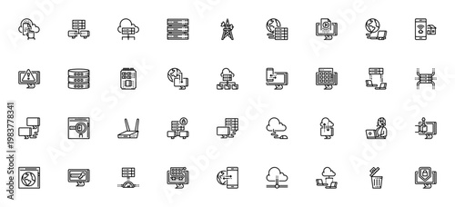 Computer Network icon set. Vector symbols for Data management, Cloud computing, Server, Wifi, Database, Router, VPN and more. Minimal line icons pack.