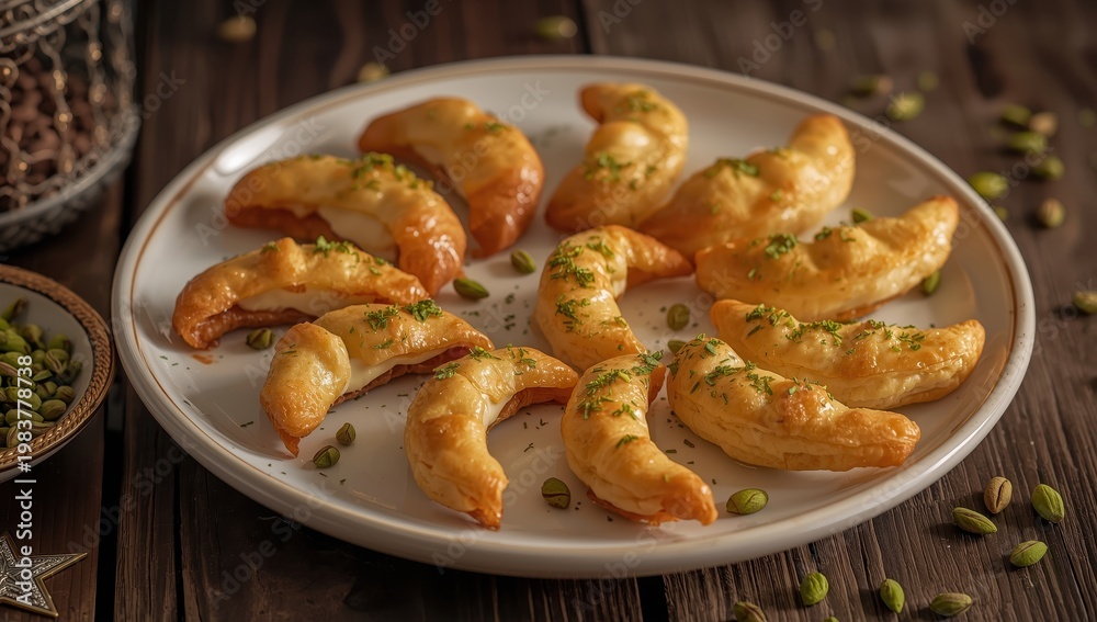 Fototapeta premium Pistachio-topped Qatayef on a plate - Ramadan Arabic desserts.