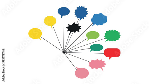 Vibrant Communication Bubbles: A colorful array of speech bubbles radiate outwards from a central point, symbolizing the flow of thoughts, ideas, and conversation.