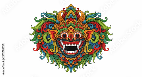 Colorful Balinese Barong Mask Illustration with Intricate Details and Vibrant Colors.