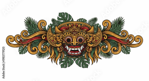 Ornate Balinese Barong Mask with Detailed Carvings and Foliage.