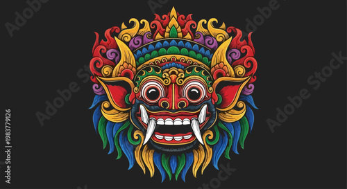 Colorful Balinese Barong Mask Illustration with Fierce Expression.