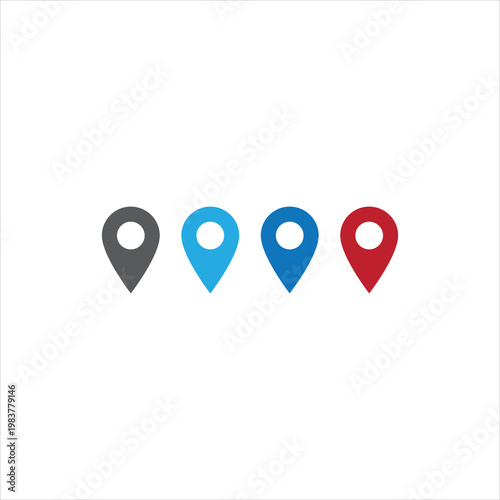 Four Location Pin Icons in Gray, Blue, Dark Blue, and Red on White Background map marker geolocation