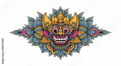 Detailed Balinese Barong Mask with Floral Ornamentation, Cultural Symbolism.