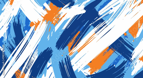 abstract painting with brushstrokes of white, orange, and blue.