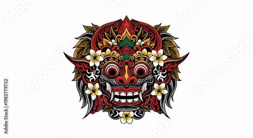 Intricate Balinese Barong Mask with Floral Embellishments.