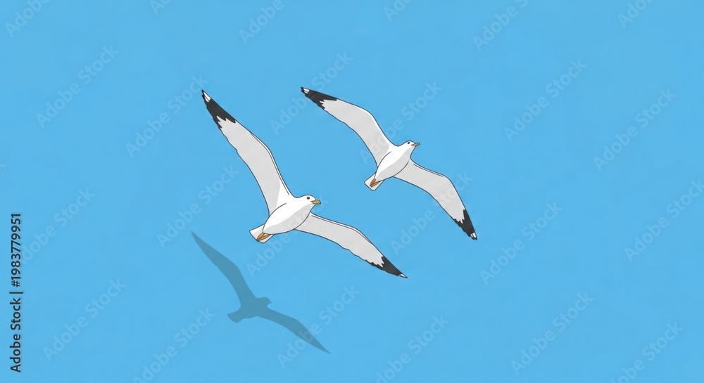 Fototapeta premium Two seagulls in flight against a clear blue sky, casting shadows below