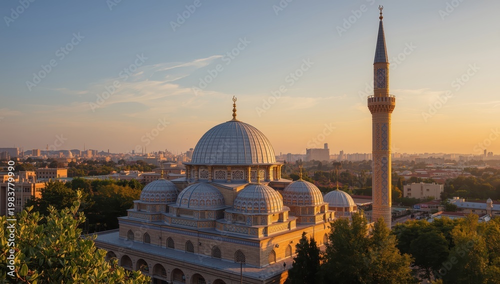 Fototapeta premium The mosque's design features three small domes and a tall minaret.