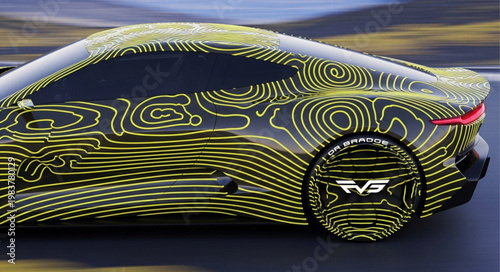 Camouflaged prototype coupe with topographic stripe wrap.