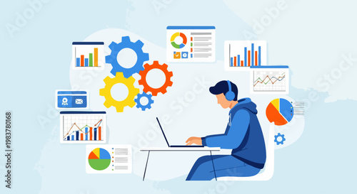 Young Man Working on Laptop Analyzing Data.