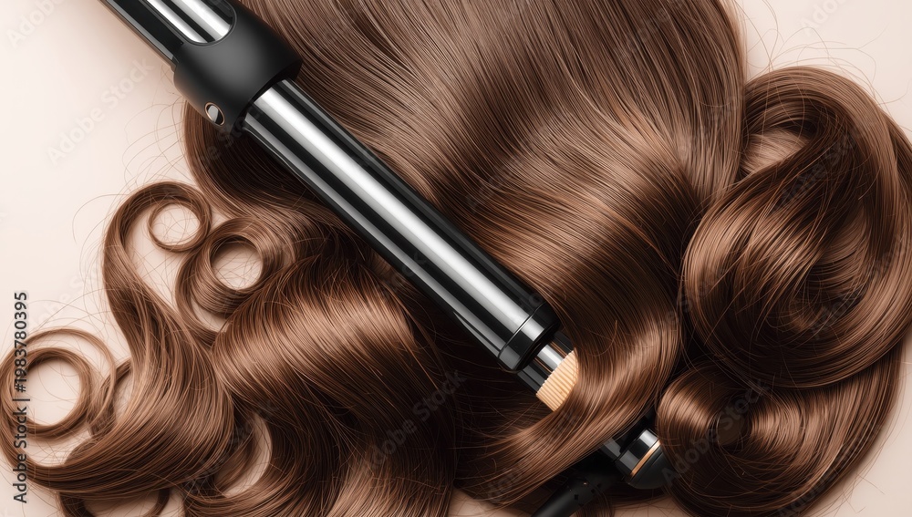 Naklejka premium Top view of a curling iron and glossy brown hair.