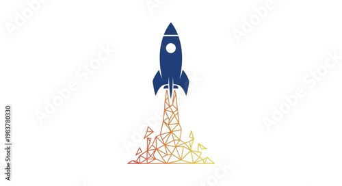 Blue rocket launching upward with plume illustration.