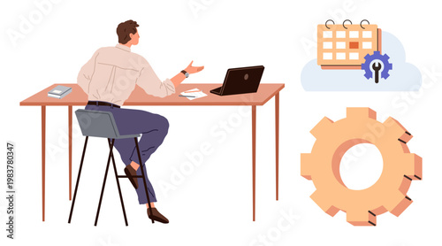 Business organization, task management, workflow, productivity, settings, and planning. A person seated at a desk with a laptop, calendar and gear icon. Task management and productivity concept