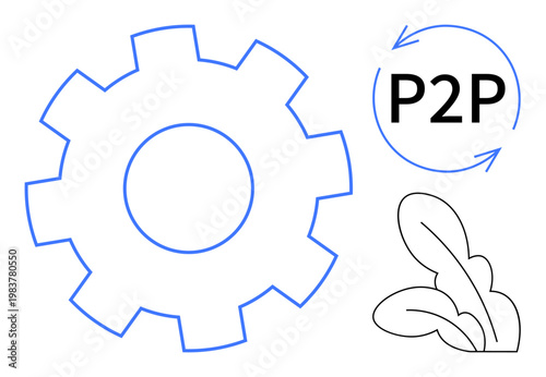 Innovation, sustainability, peer-to-peer systems, renewable energy, eco-friendly technology, teamwork connections. Gear, P2P symbol and leaves in a clean design. Innovation and sustainability ideas