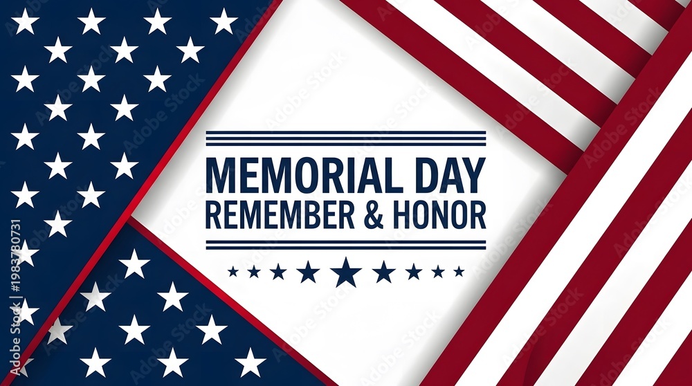 Fototapeta premium Patriotic Memorial Day design with US flag elements in the corners, featuring 
