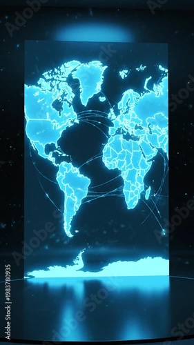 Futuristic Digital World Map Display Showcasing Global Connectivity and Data Visualization