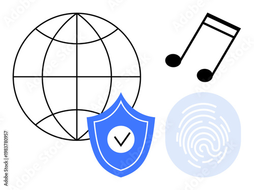 Digital security, media protection, online authentication, intellectual property, cybersecurity, global connectivity. Shield with a checkmark, a globe a fingerprint and a music note. Digital