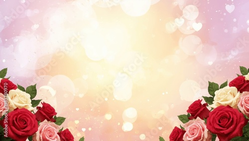 Greeting card featuring a rose bouquet on a luminous abstract backdrop with space for text, suitable for birthdays, Valentine's Day, or Mother's Day.