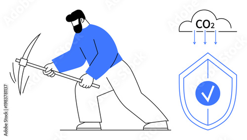 Environmental impact, carbon neutrality, sustainability, mining processes, carbon monitoring, eco-friendly solutions. Person using pickaxe, CO2 emissions shield. Environmental impact