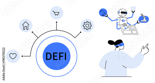 Financial technology, blockchain, cryptocurrency, defi network, digital transactions, virtual innovation. Central defi hub with icons, robot analyzing data and person using VR. Financial technology