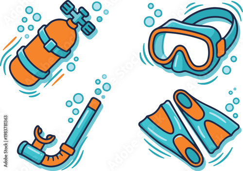 Scuba Diving Equipment Icons - Oxygen Tank, Diving Mask, Snorkel, and Flippers
