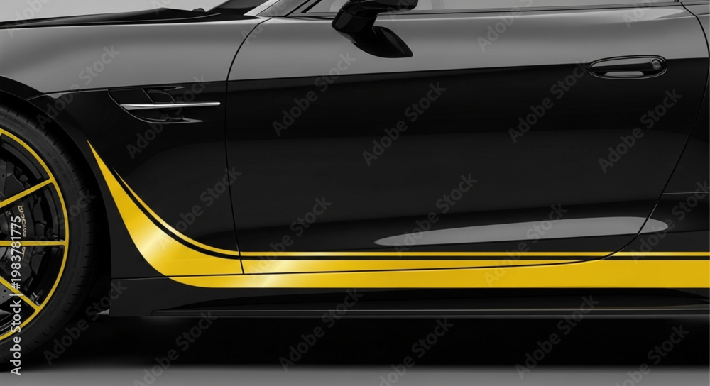 Fototapeta premium Black sports car side panel with yellow stripe.
