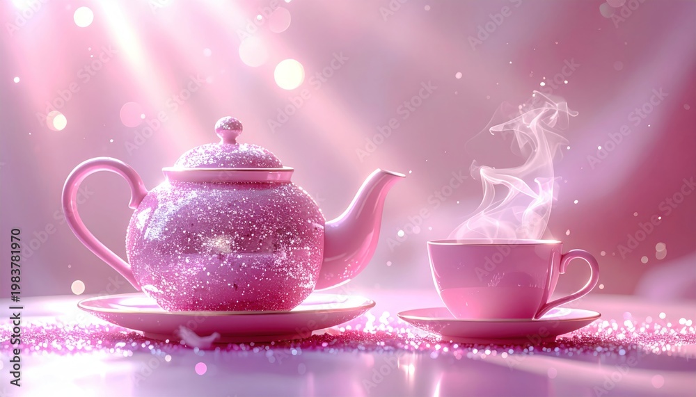 Fototapeta premium Delicate pink teapot and teacup with rising steam, sparkling ambiance