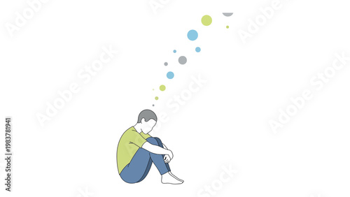 Contemplative Thought: A solitary figure sits with head bowed, surrounded by a constellation of abstract thoughts. It's a visual depiction of introspection, mental processes.